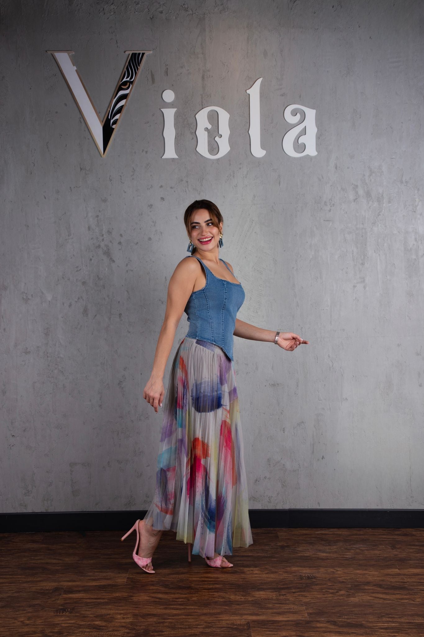 Denim top and tulle skirt set in pastel multicolor print