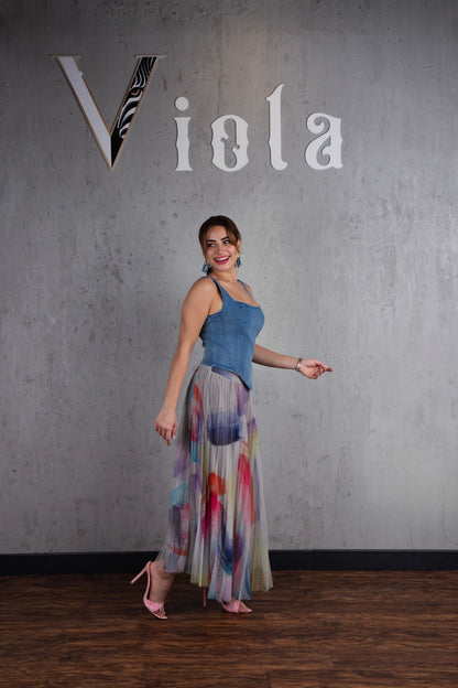 Denim top and tulle skirt set in pastel multicolor print