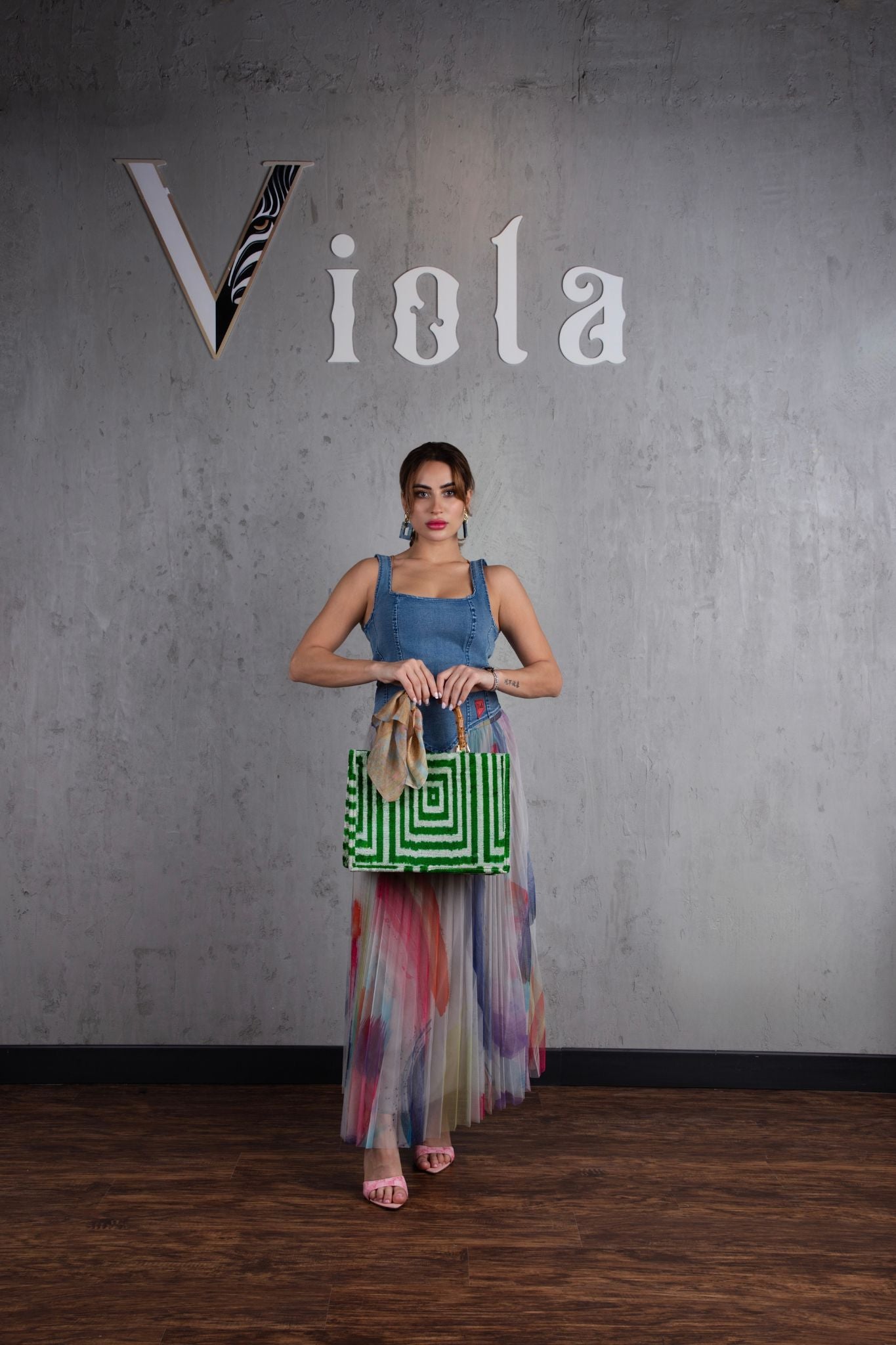 Denim top and tulle skirt set in pastel multicolor print