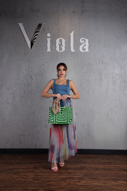 Denim top and tulle skirt set in pastel multicolor print