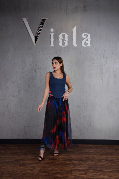 Denim top and tulle skirt set in navy red print