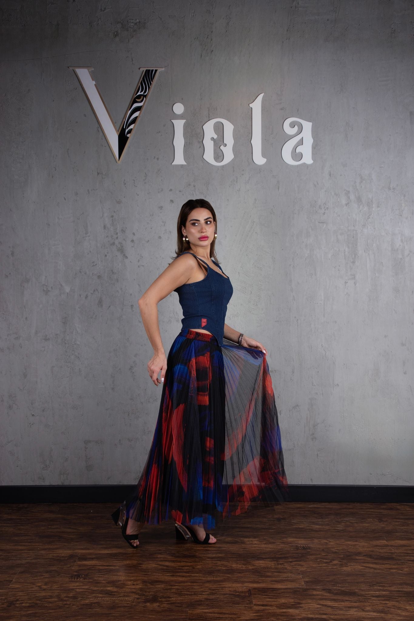 Denim top and tulle skirt set in navy red print