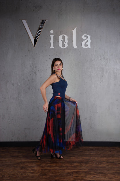 Denim top and tulle skirt set in navy red print