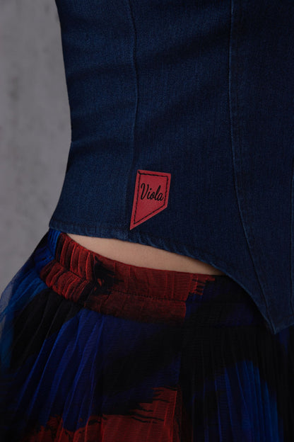 Denim top and tulle skirt set in navy red print