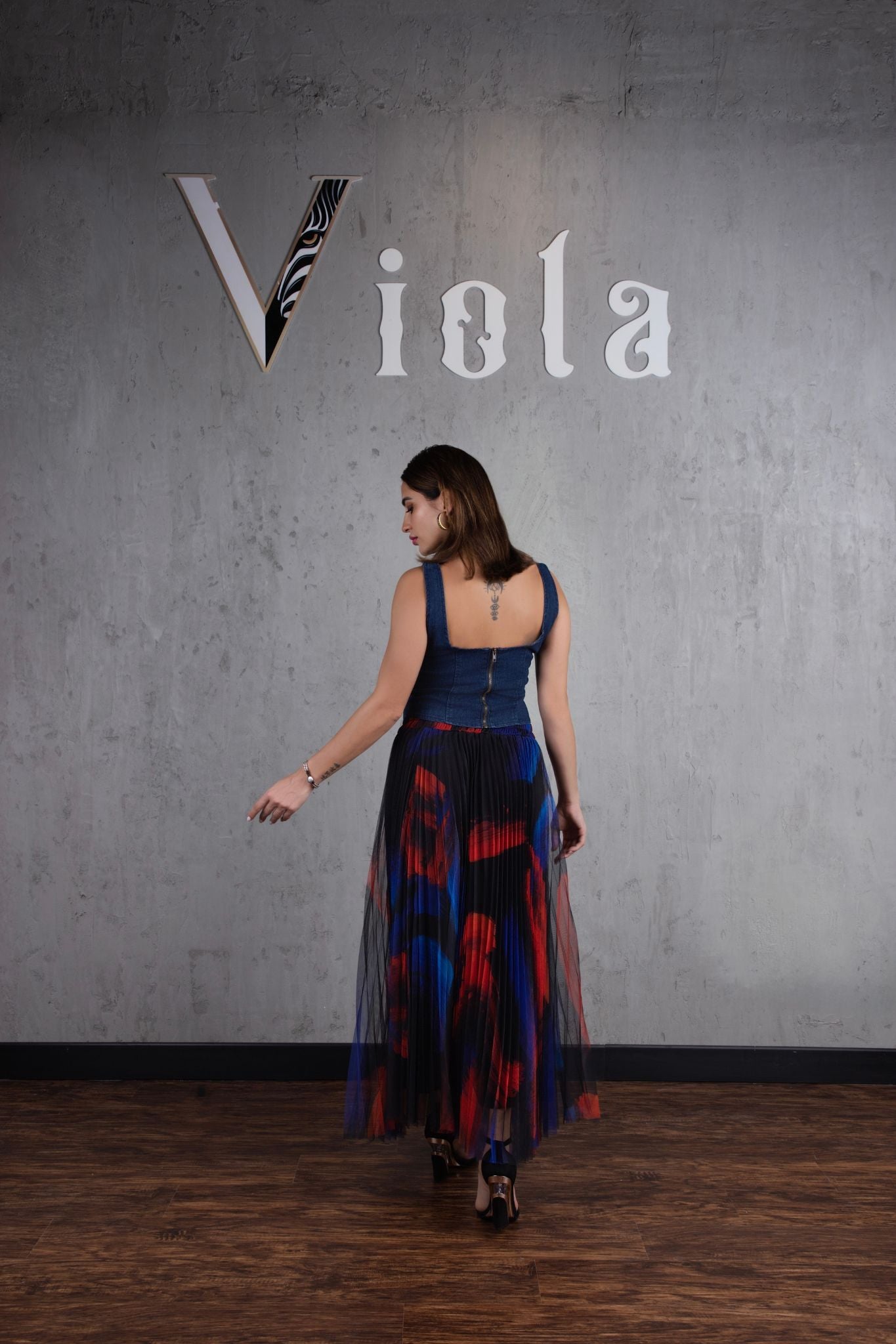 Denim top and tulle skirt set in navy red print