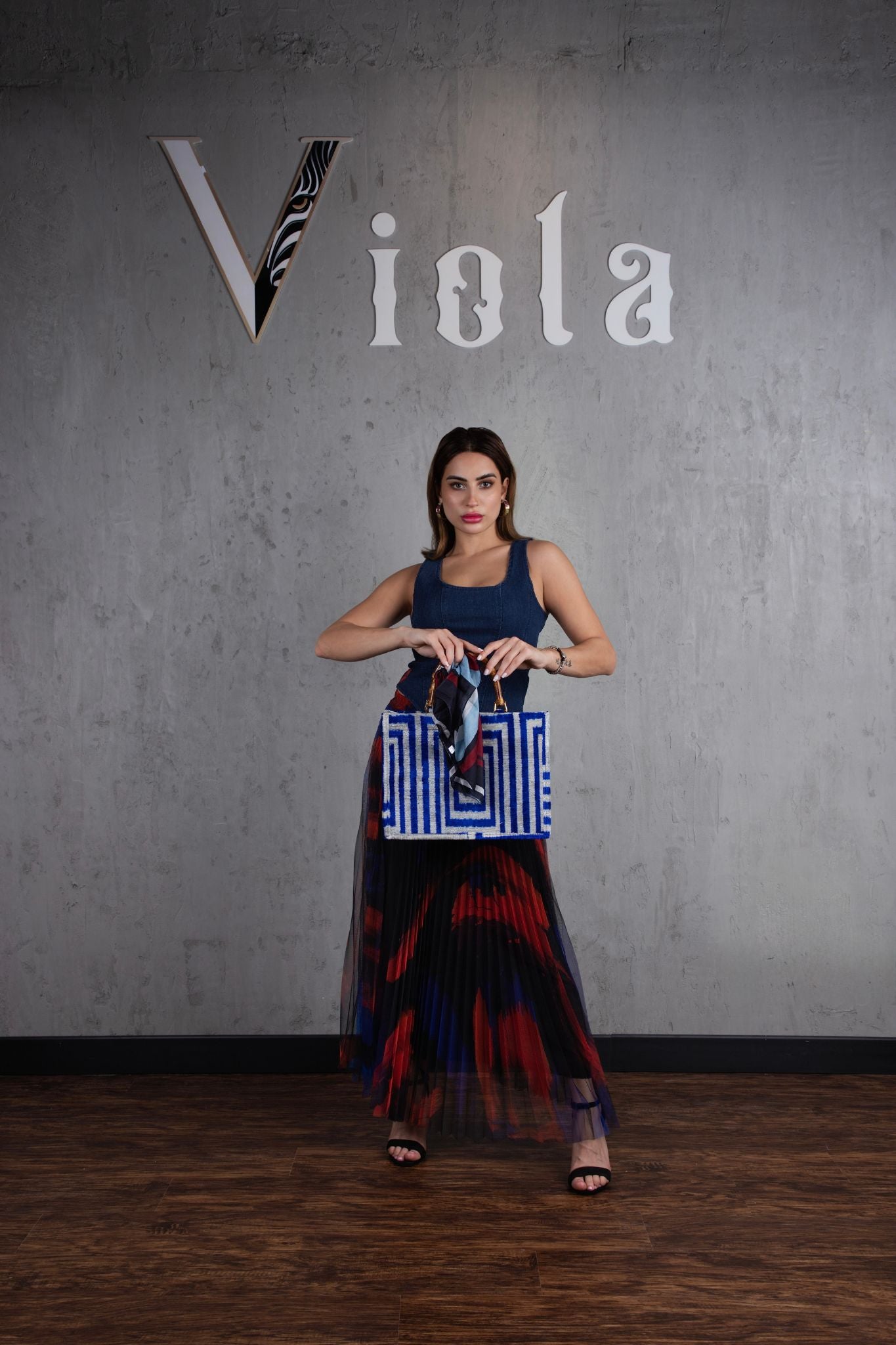 Denim top and tulle skirt set in navy red print