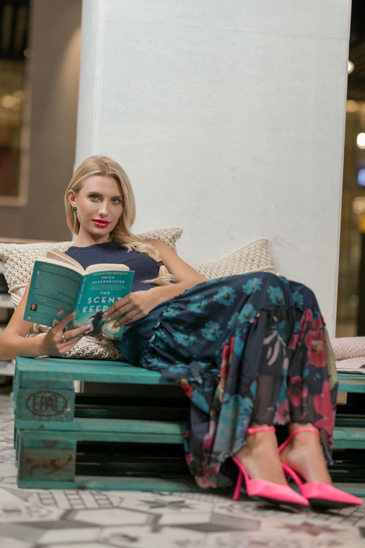 Model wearing a Navy Floral Maxi Dress