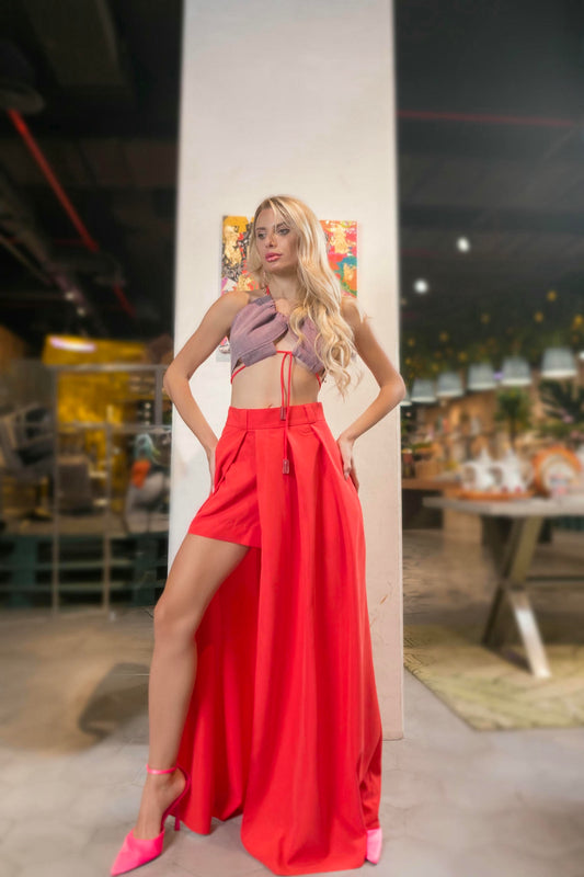 a model wearing a Red Maxi Skirt and Lilac Halter Top Set