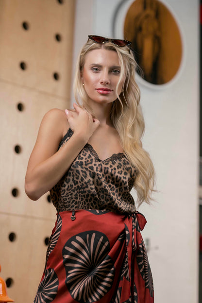 model wearing Leopard Print Camisole and Wrap Skirt Set