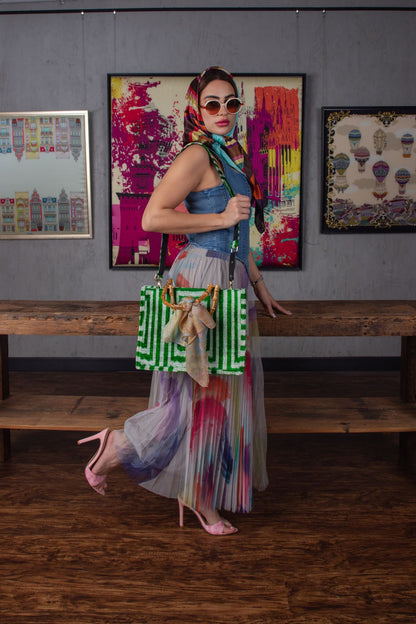 Viola tote bag in green geometric colour with bamboo handles and shoulder 