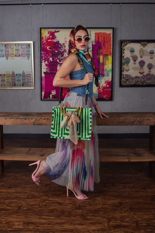 Viola tote bag in green geometric colour with bamboo handles and shoulder 