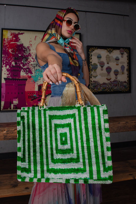 Viola tote bag in green geometric colour with bamboo handles and shoulder 