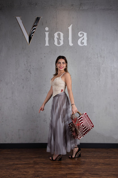 Viola tote bag in red geometric colour with bamboo handles and shoulder 